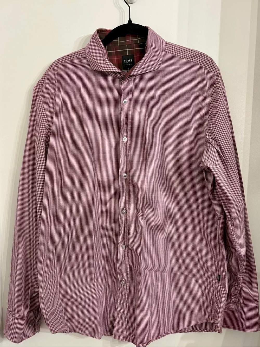 BOSS Hugo Boss Men's XL Burgundy White Micro-Check Long Sleeve Dress Shirt EUC
